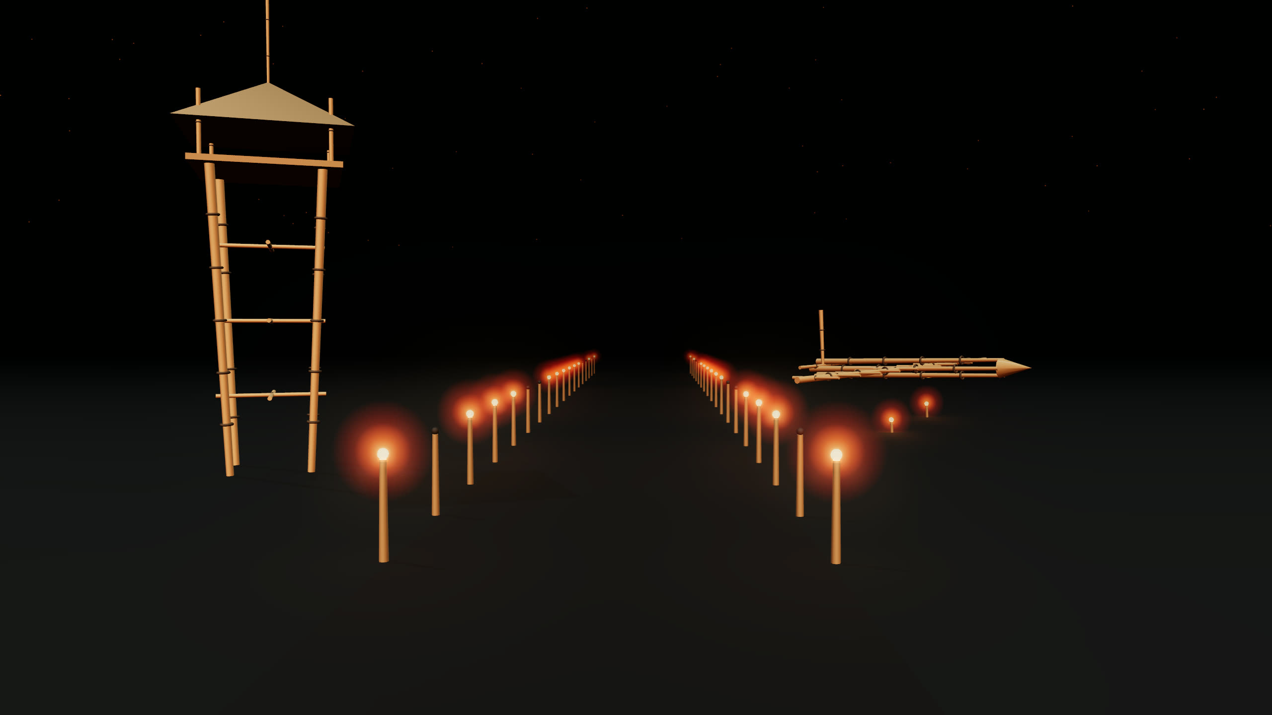A torch-lit runway cut into the dark, with a bamboo control tower and an aircraft made of sticks